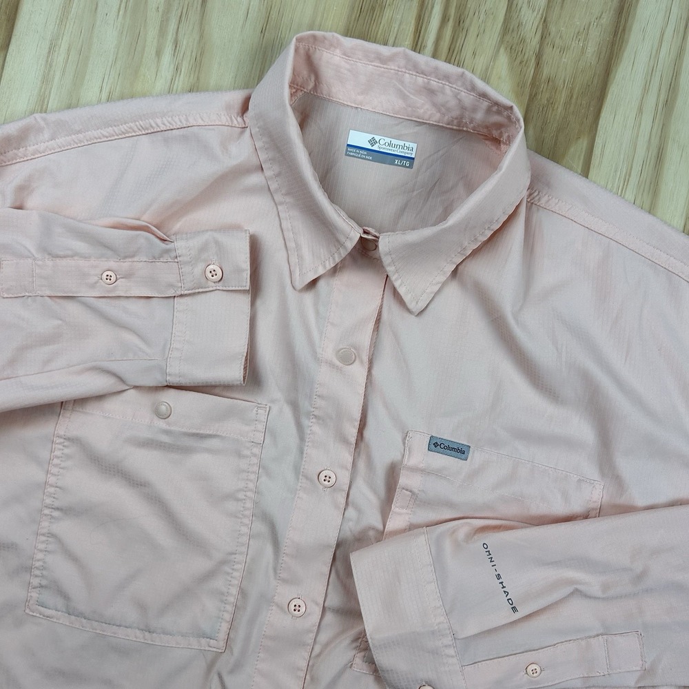 Columbia Womens XL Pink Omni Shade UPF 40 Outdoor Hiking Button Up Shirt Flaw